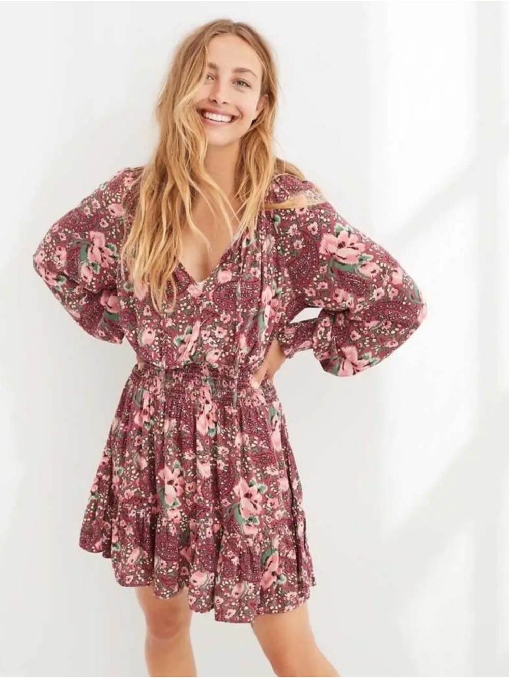 Aerie Floral Pink Peasant Mini Dress
